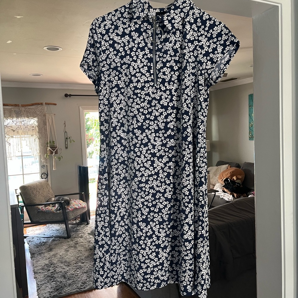 MSK Blue and White Puff Sleeve Polo Collar A-line Mini Dress